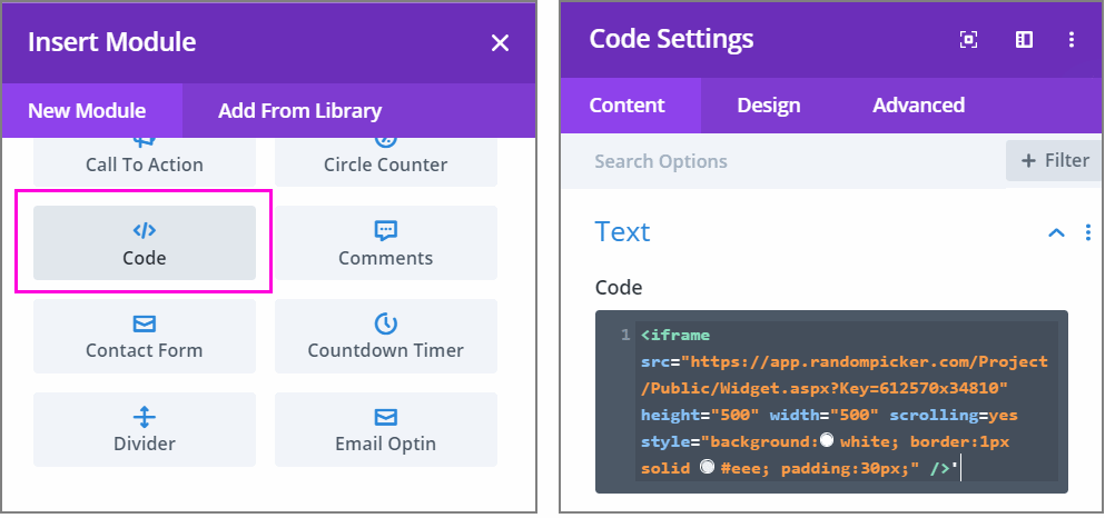 Add custom code with Divi builder